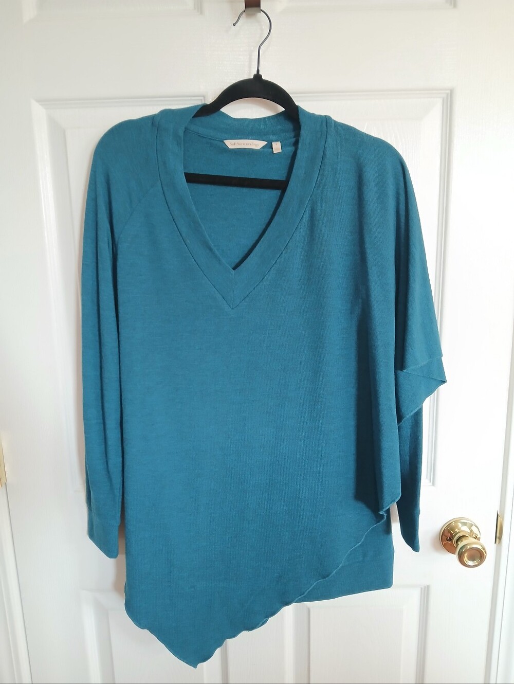 Soft Surroundings Teal V-Neck Asymmetrical Tunic Sweater Boho Coastal Beach